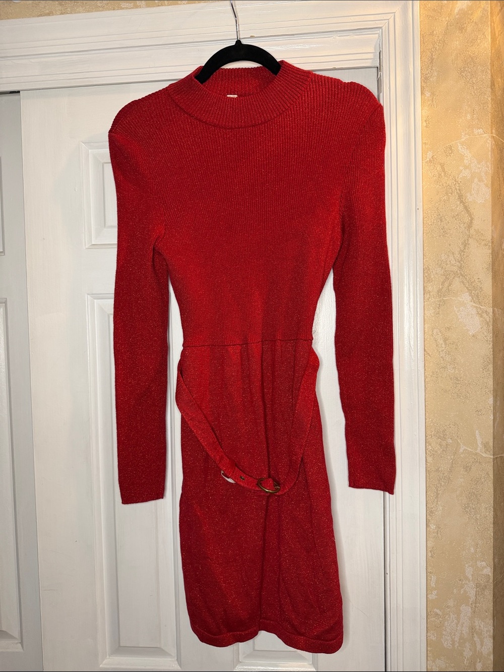 Free People Red Long-Sleeve Sweater Belted Dress